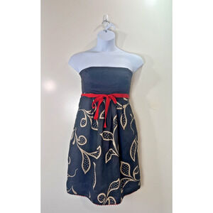 Maeve Women’s Linen Strapless Dress Size M 8 Black Tan Red Floral Wedding Travel